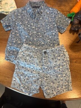 Janie & Jack Kids Matching Floral Chambray Button-Up Shirt and Short Set -